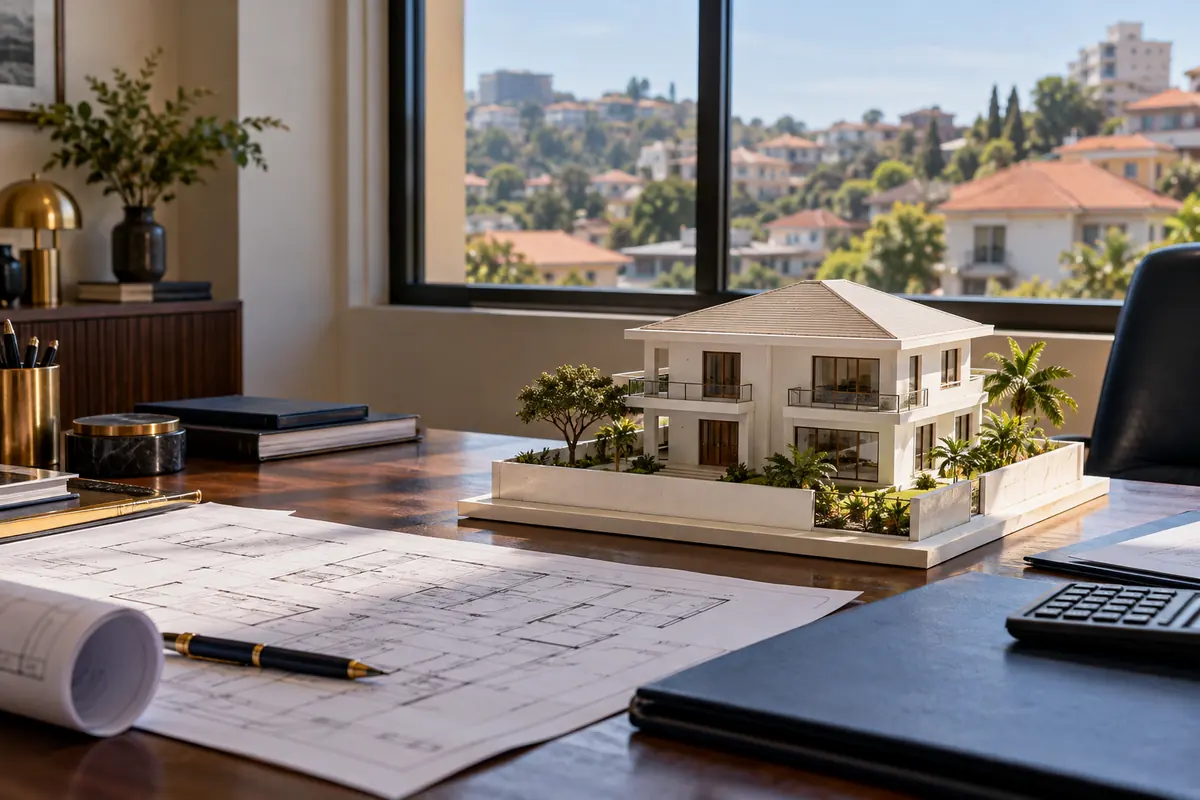 Maquette d’une villa et plans posés sur le bureau de l’expert